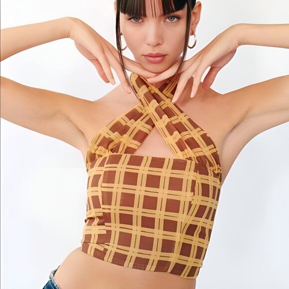 With Jean Womens Summer Cher Tulip‎ Plaid Halter Crop Top Size S Yellow Brown - Picture 1 of 9